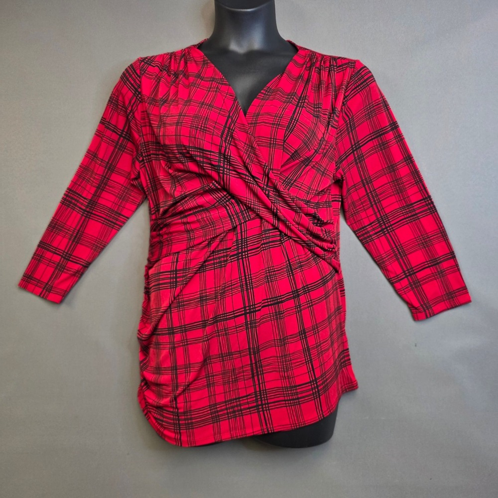 Preston & York Top Women's Plaid Faux Wrap Surplice Red XL